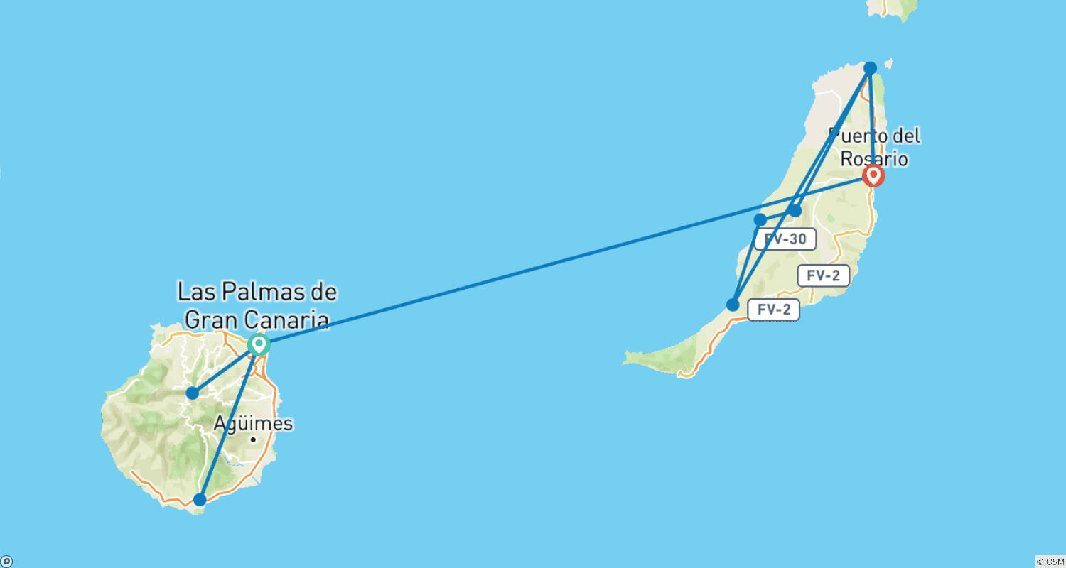Mapa do percurso de Gran Canaria e Fuerteventura: Road Trip pelas Ilhas
