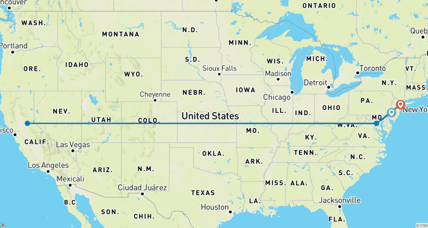 Mapa do percurso de EUA de Trem: Big Apple, Ruas de Philly e Capitólio (de Filadélfia a Nova Iorque)