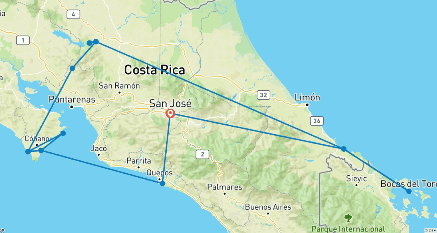 Mapa trasy: Kostaryka i Panama: Dżunglowe Drogi do Karaibskich Wybrzeży