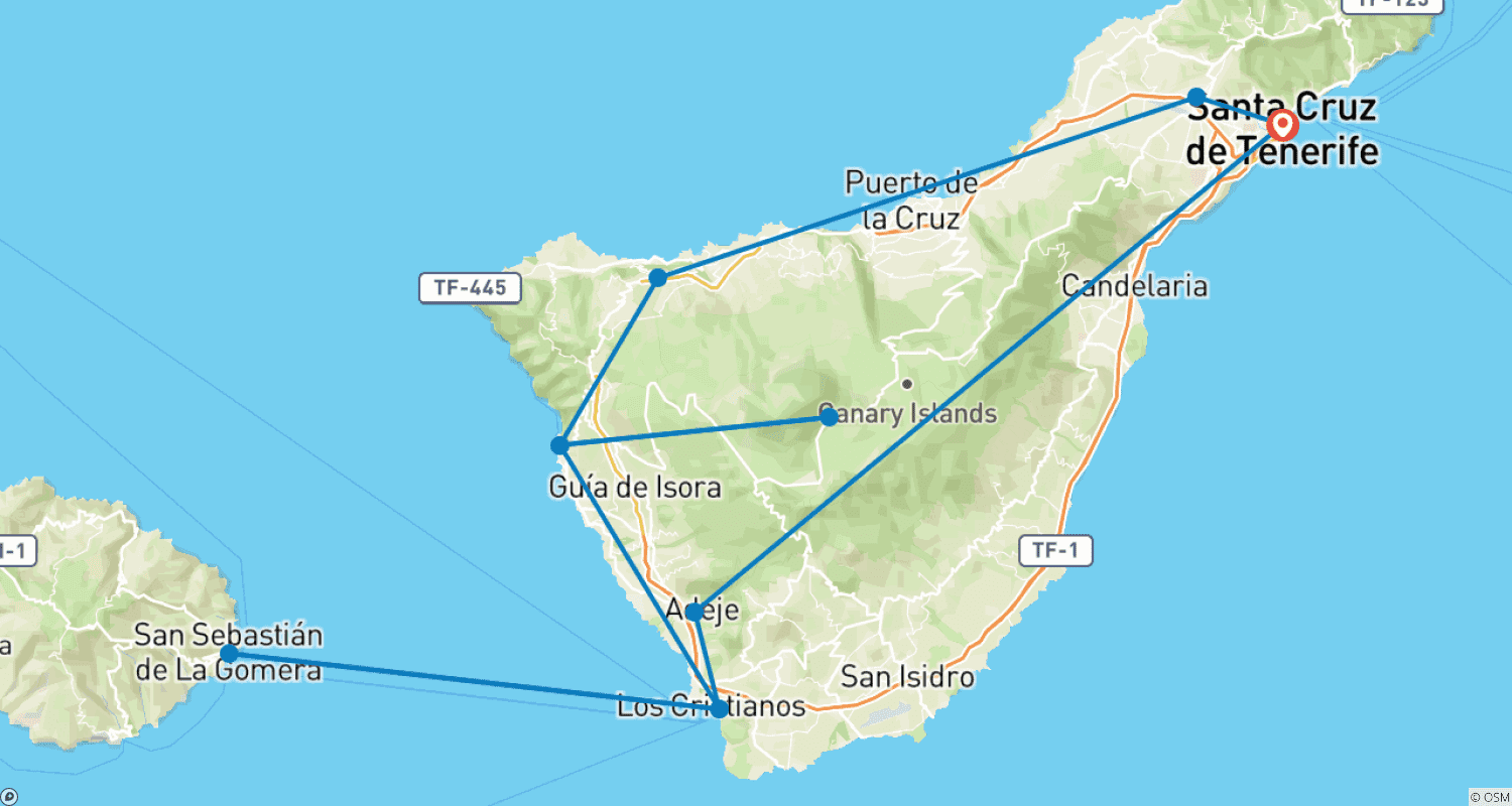 Mapa do percurso de Tenerife e La Gomera: Viagem de Carro por Estradas Costeiras Deslumbrantes