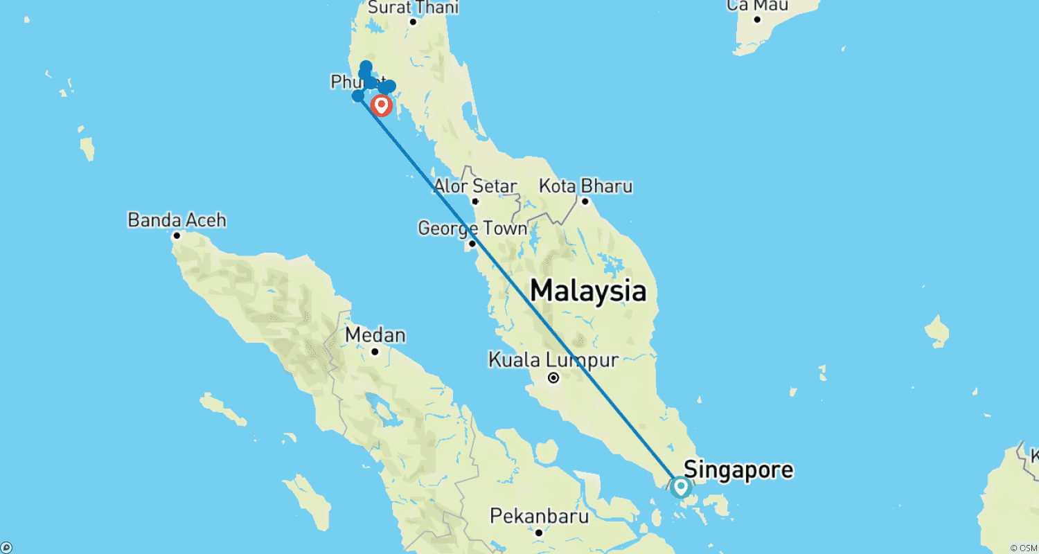 Mapa do percurso de Singapura e Tailândia: Da Aventura Urbana ao Salto entre Ilhas