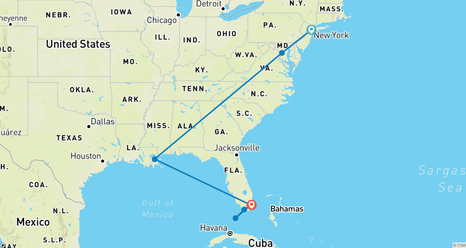 Mapa do percurso de Aventura nos EUA: Costa Leste e Alma do Sul