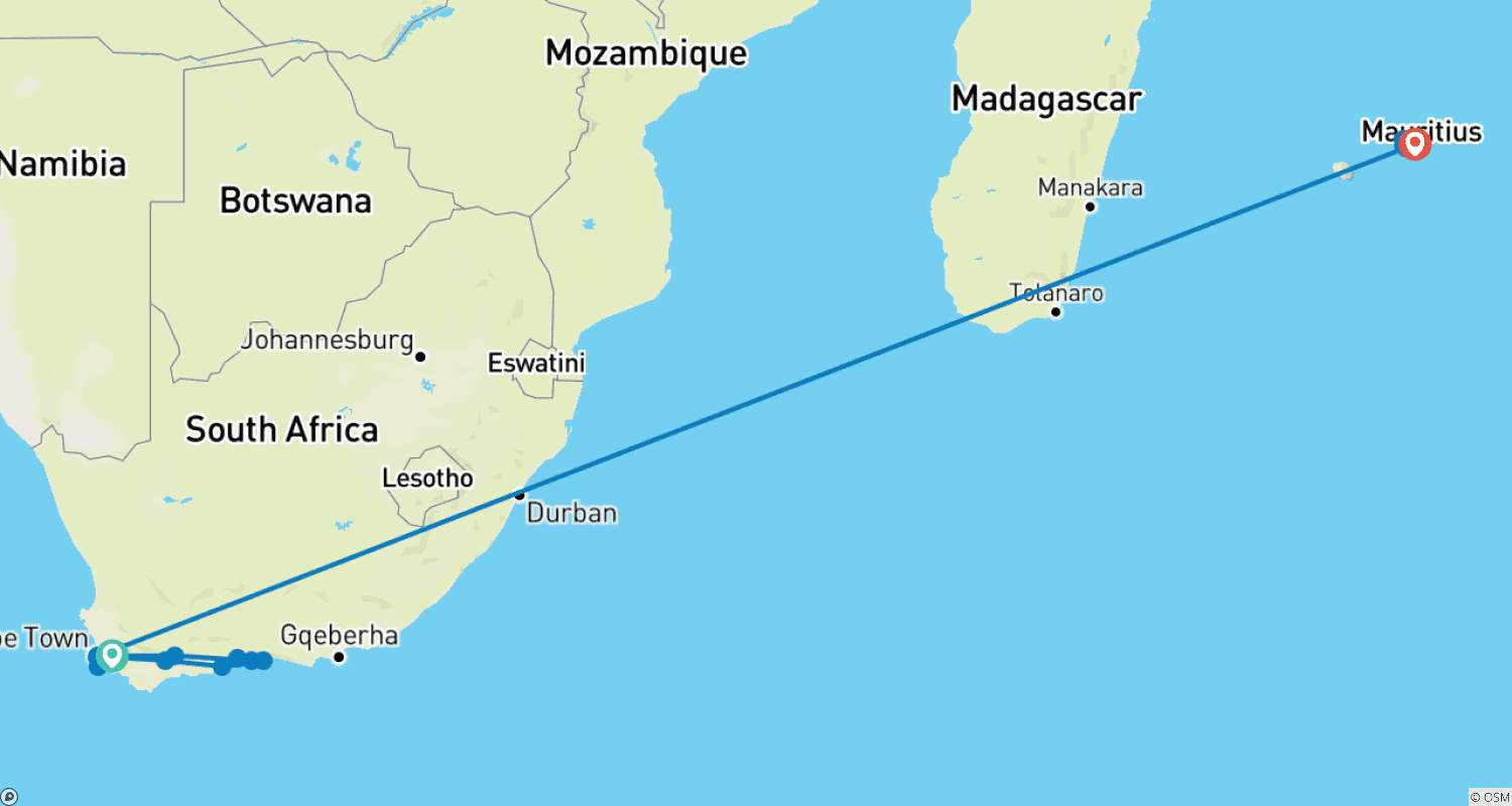 Mapa do percurso de África do Sul e Maurícia: Da Rota Jardim à Aventura na Ilha (14 destinos)