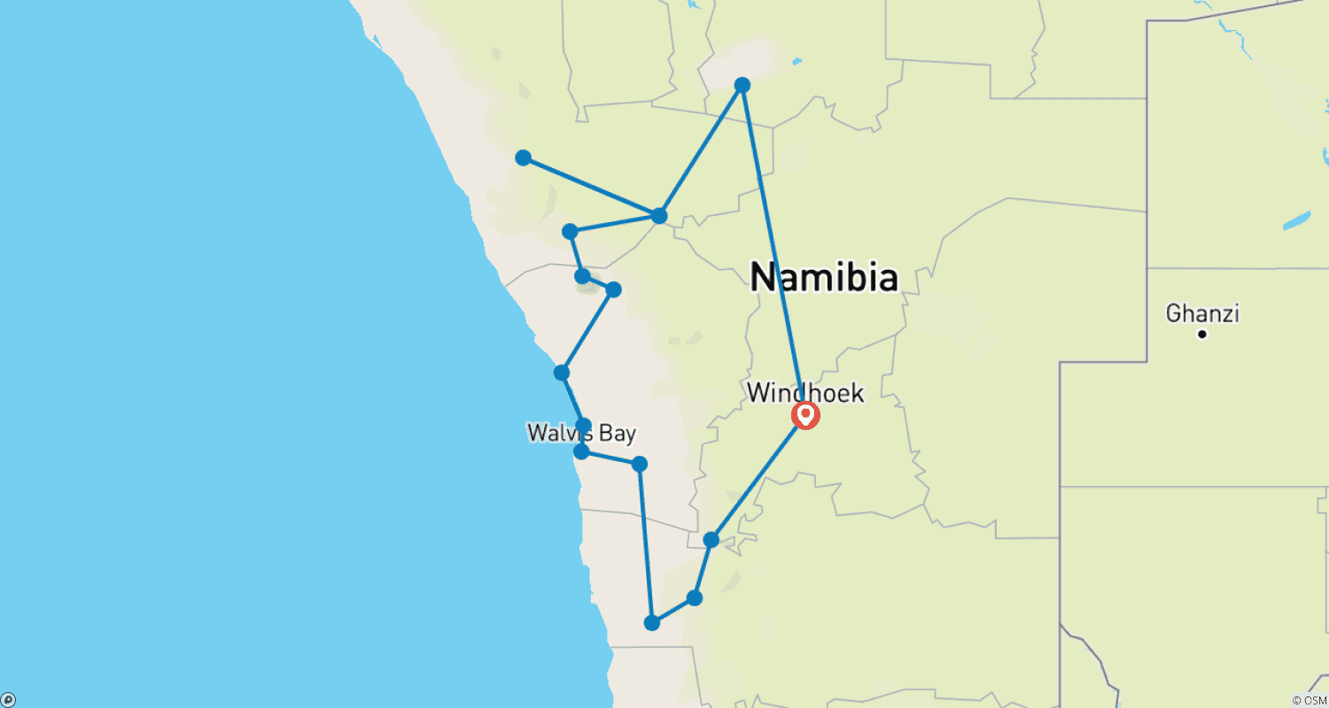 Mapa do percurso de Viagem de carro pela Namíbia: Vida Selvagem, Desertos e Aventura de Safári