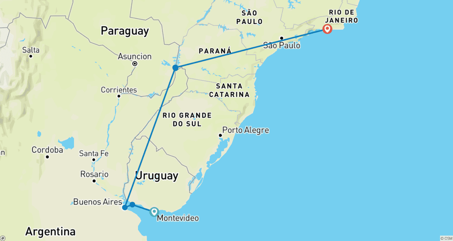 Mapa do percurso de Argentina, Brasil e Uruguai: De Copacabana a Iguazú