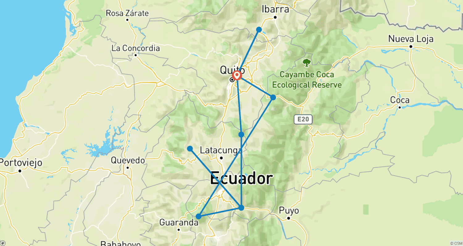 Mapa do percurso de 8 Dias no Coração do Equador: Das Montanhas às Fontes Termais