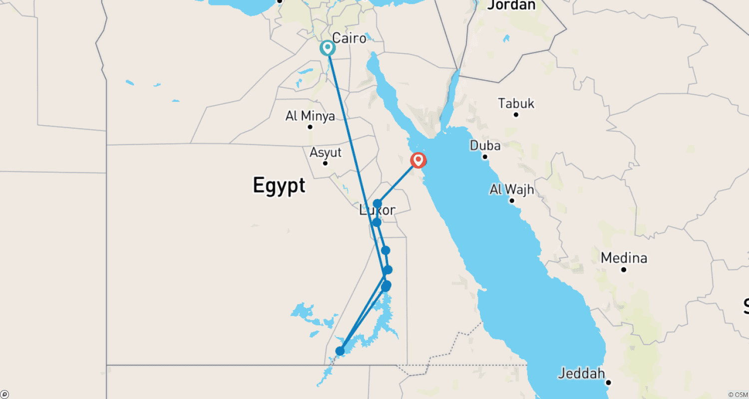 خريطة مسار تراث الملكة نفرتاري: رحلة فاخرة لمدة 10 أيام عبر القاهرة والنيل والغردقة