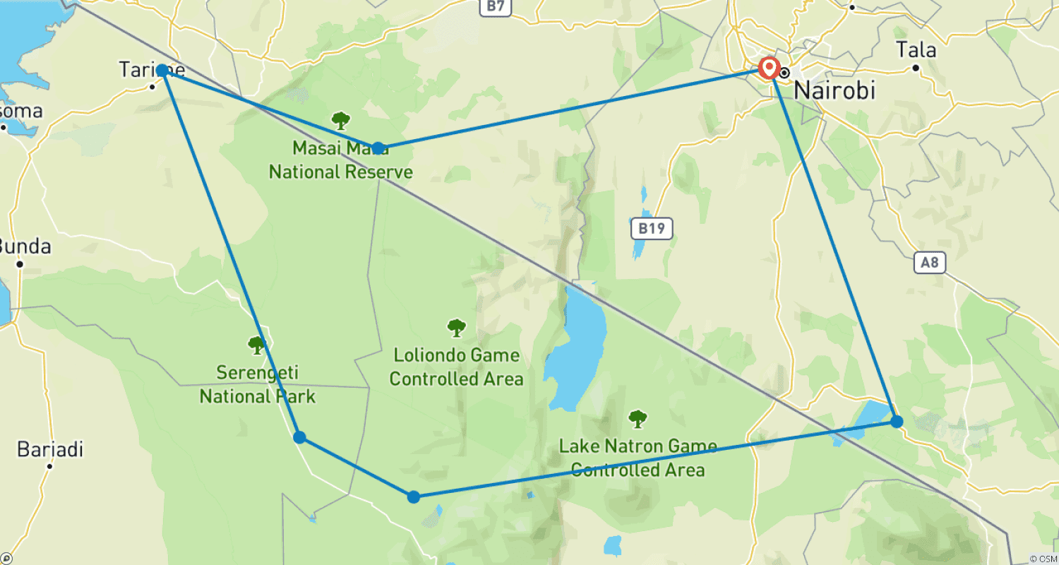 Mapa do percurso de 9 Dias O Melhor do Safári no Quênia e na Tanzânia