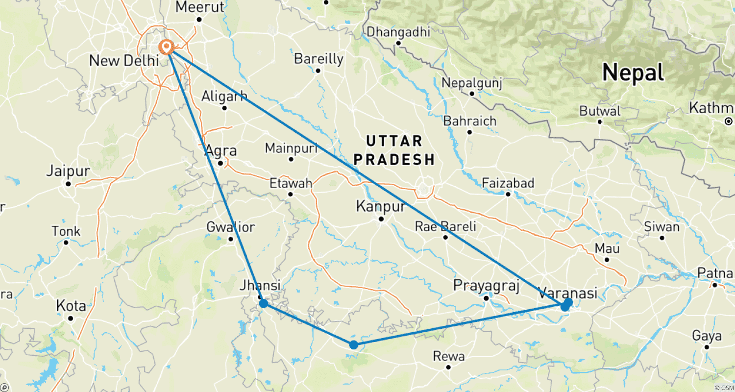 Mapa do percurso de O Triângulo do Patrimônio e o Tour pelos Templos saindo de Deli em 5 Dias