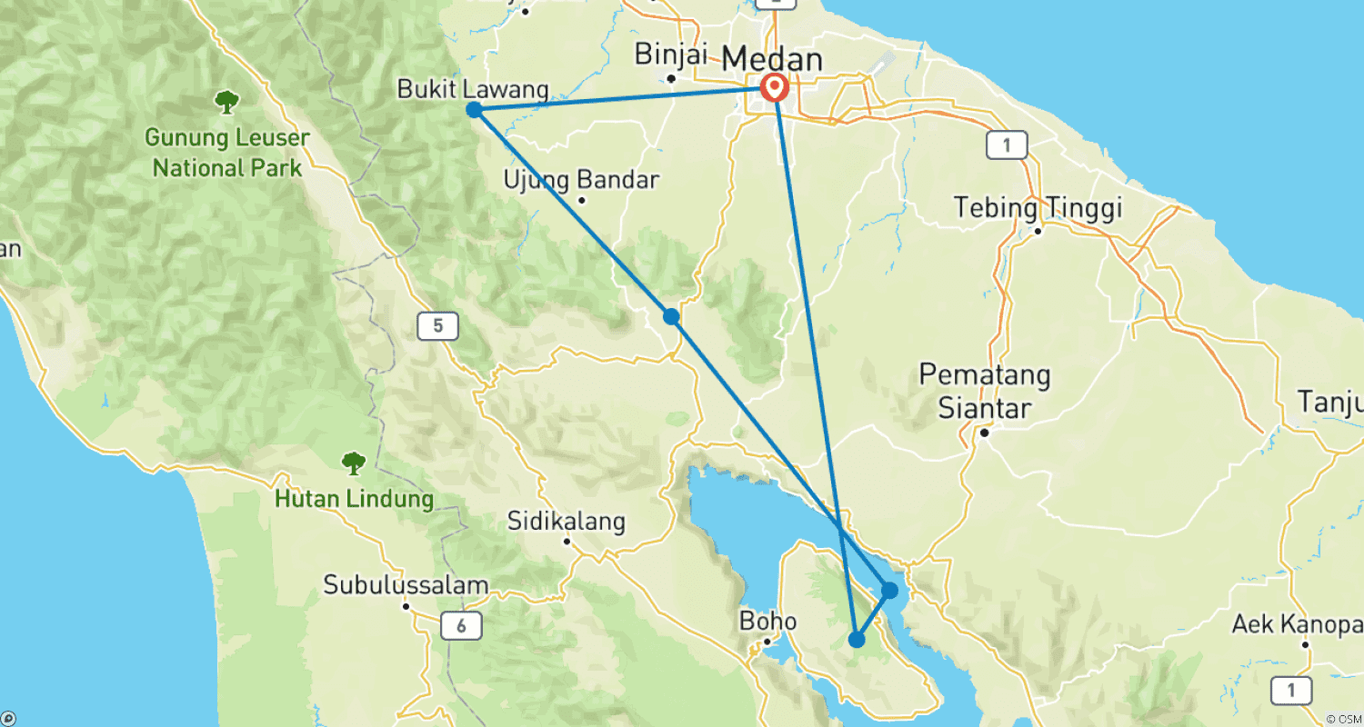 Mapa trasy: 7 days Sumatra Highlights private tour