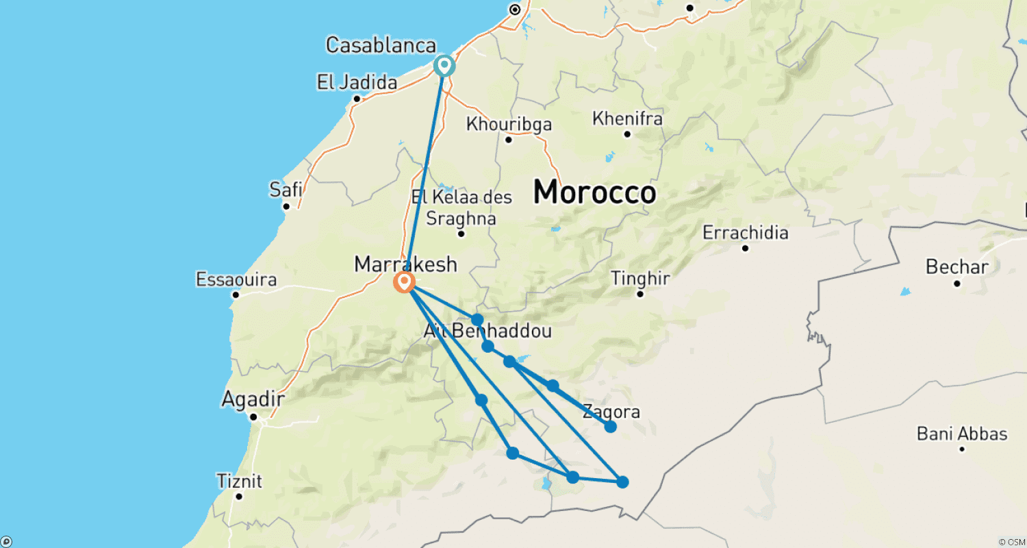 Mapa do percurso de 8 Dias de Destaques de Marrocos, Passeios de Casablanca a Marrakech via Aventura no Deserto