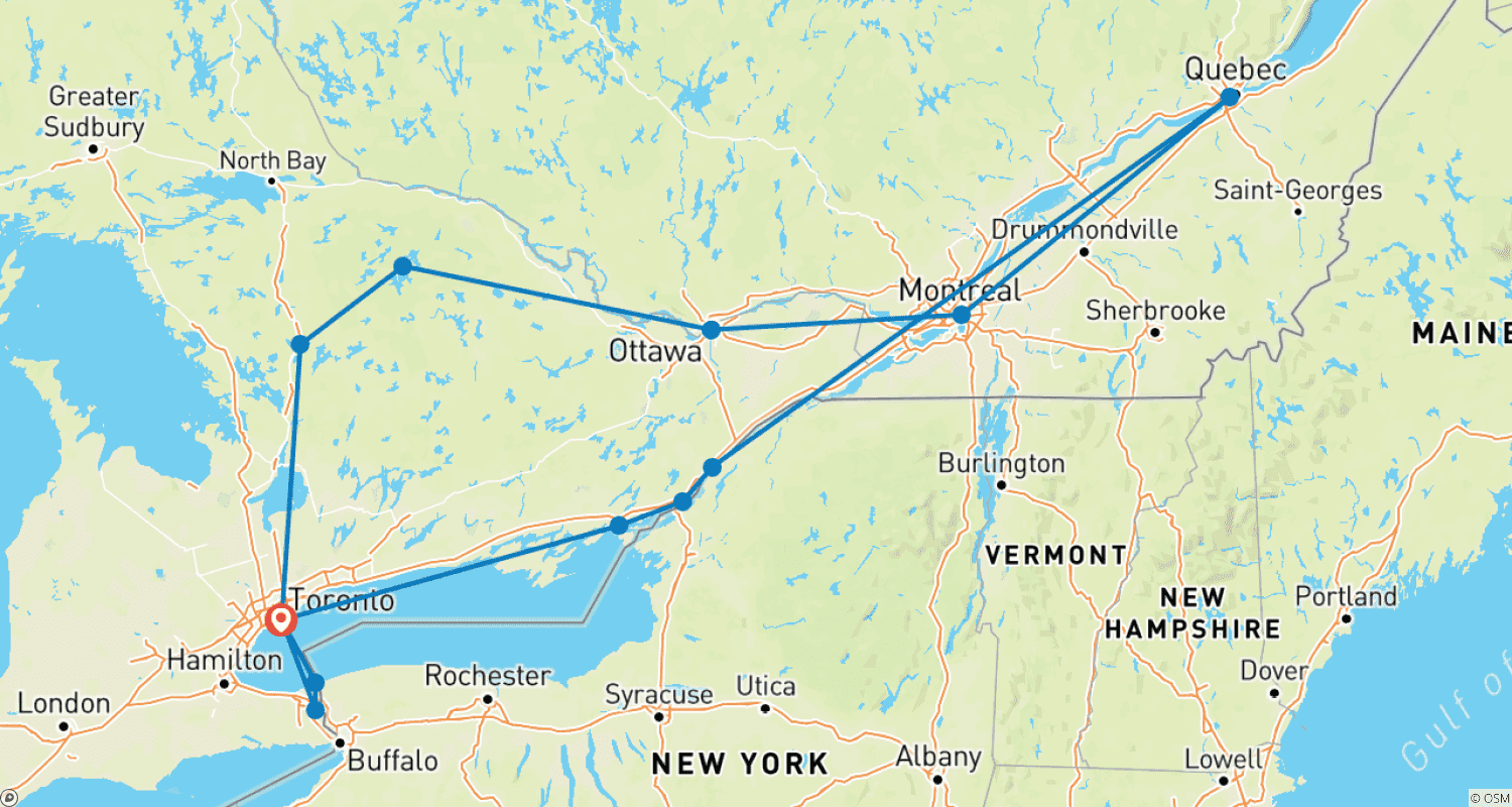Canada Round Trip 10 Days - Ontario & Quebec - Eastern Canadaのルートマップ