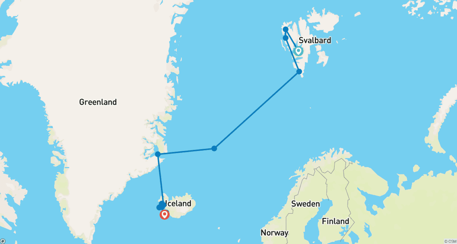 Mapa do percurso de Descoberta das Ilhas Árticas | Spitsbergen, Jan Mayen, Groenlândia, Islândia: Sentido Oeste