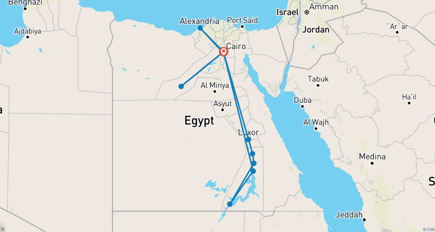 خريطة مسار جولة الأحلام (الأهرامات، الإسكندرية، الصحراء البيضاء، الصحراء السوداء، جبل كريستال، رحلة نيلية أسوان/الأقصر)