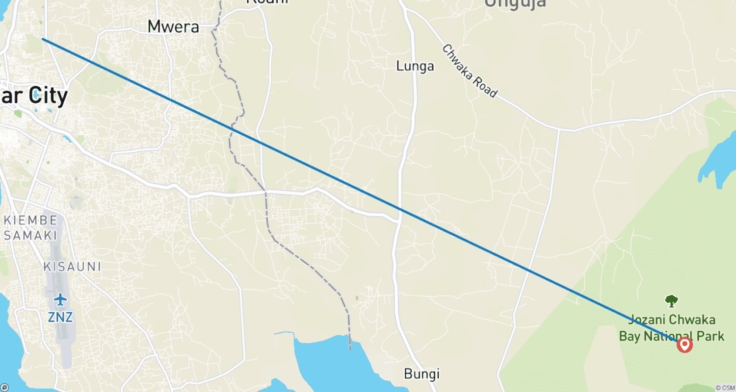 Mapa do percurso de Explore o Nosso Passeio Privado de 1 Dia pela Floresta Jozani e Golfinhos a partir de Uroa, Zanzibar | A Melhor Experiência Guiada e Personalizada em Zanzibar