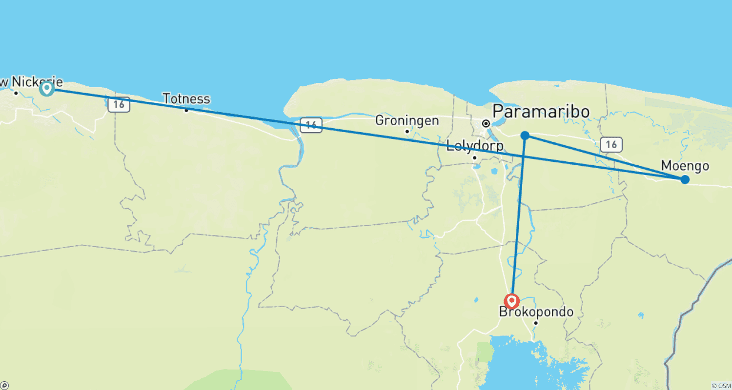 Mapa trasy: Najważniejsze atrakcje Surinamu