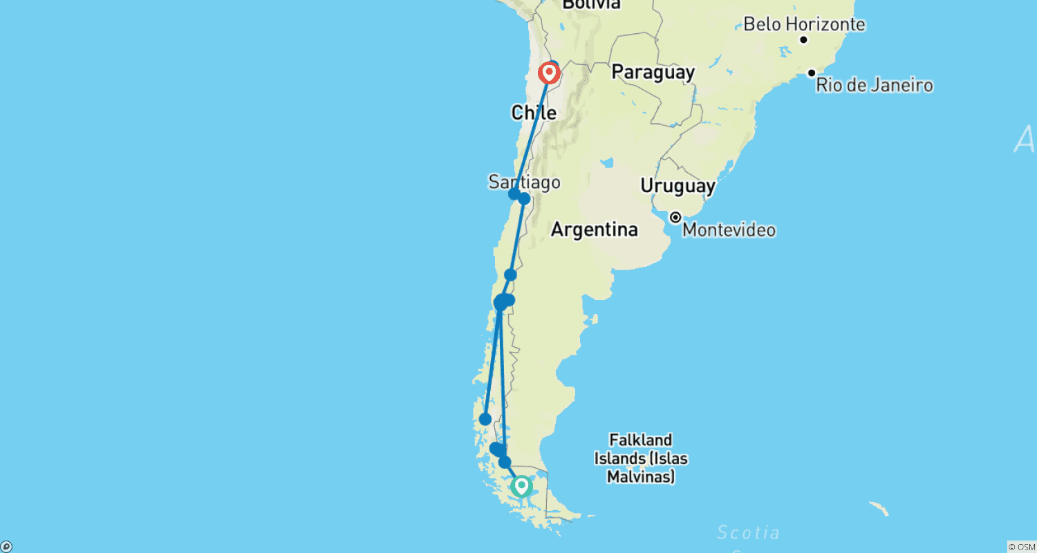 Mapa do percurso de All Chile from South to North With W-Trek and Navimag- 26 Days