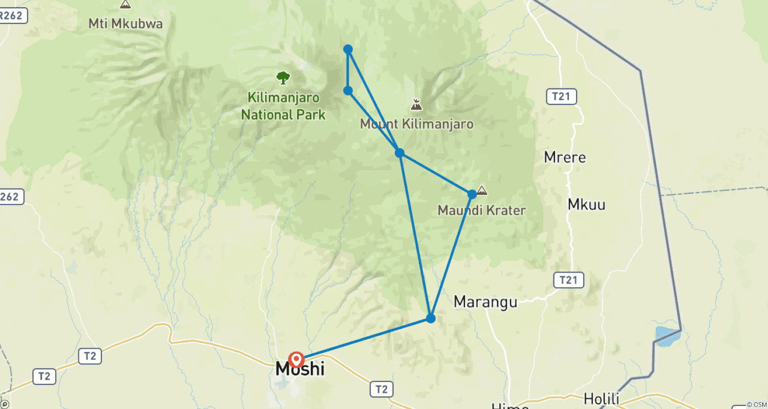 Mapa do percurso de Trekking de 5 Dias no Monte Kilimanjaro via Rota Marangu – Excursão Compartilhada