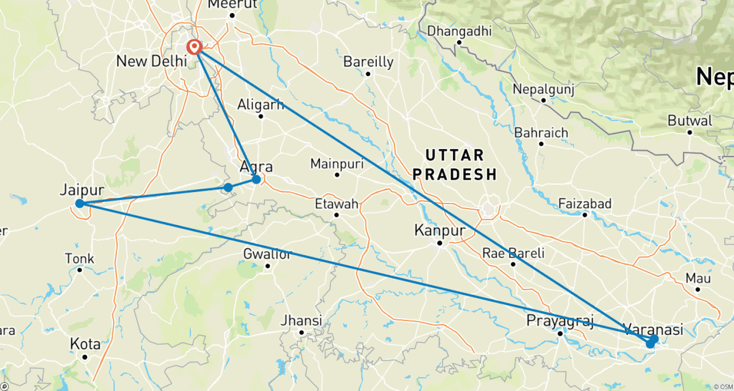 Mapa do percurso de Triângulo Dourado da Índia com Varanasi, 9 Dias