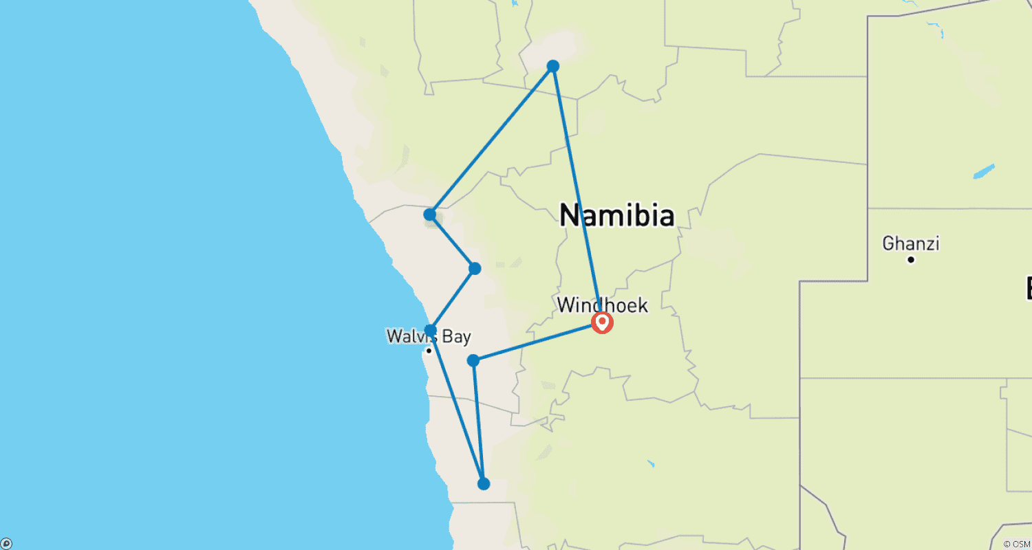 Mapa trasy: 11-dniowa wyprawa Odkrywca Dzikiej Namibii (z zakwaterowaniem)