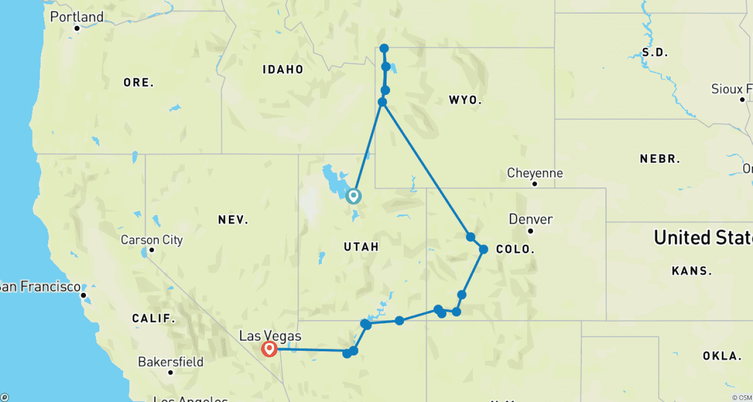 Mapa do percurso de Yellowstone - Viagem de Aventura de 14 Dias