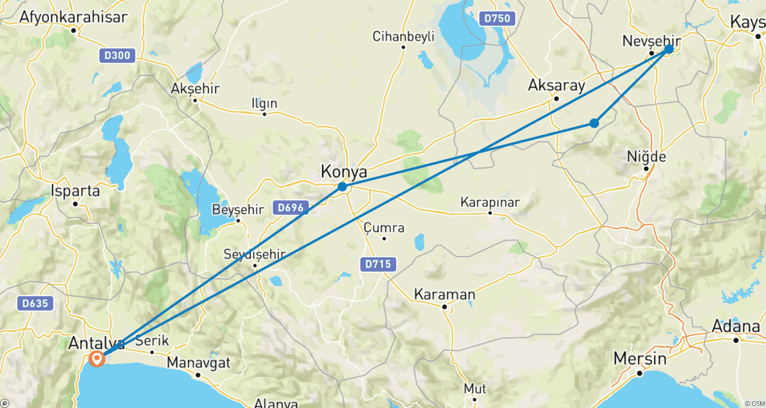 Mapa trasy: Najważniejsze atrakcje Kapadocji