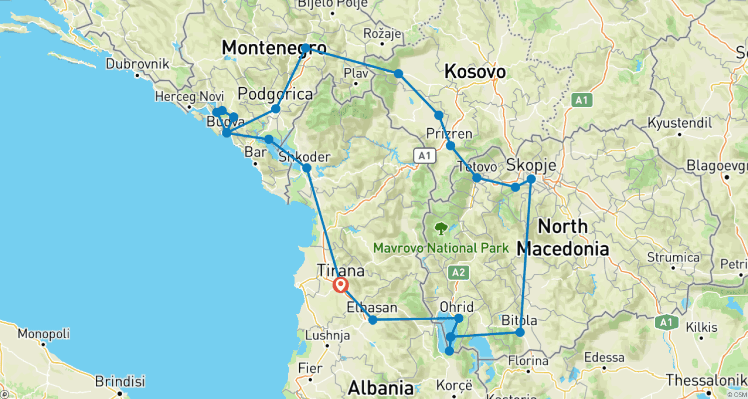 Mapa do percurso de Destaques dos Balcãs
