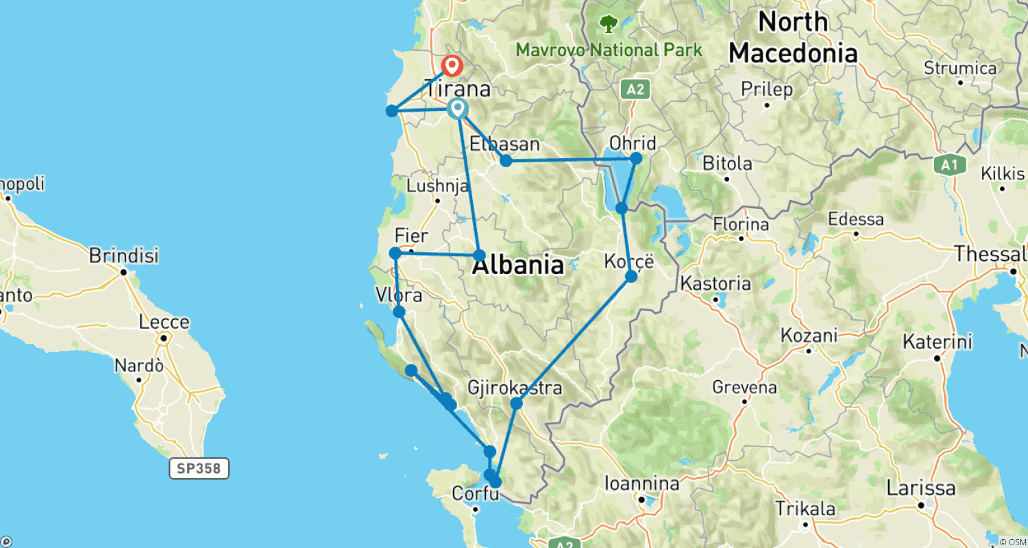 Mapa do percurso de Destaques da Albânia