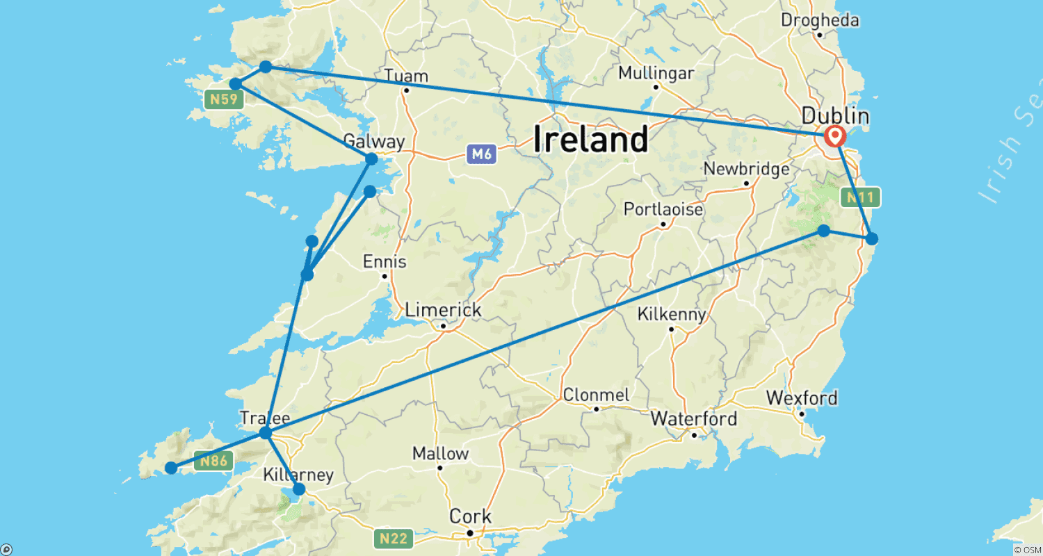 Mapa do percurso de Impressões da Irlanda