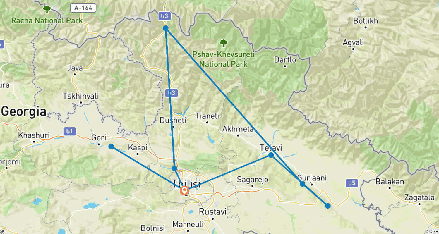 Mapa do percurso de Excursão de 5 Dias na Geórgia saindo de Tbilisi