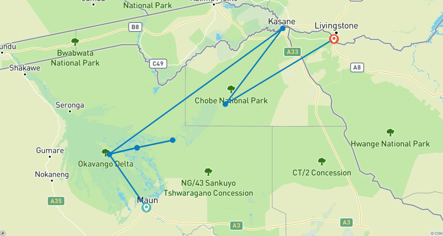 Mapa do percurso de O Melhor do Safari no Botswana - Expedição de 7 Dias