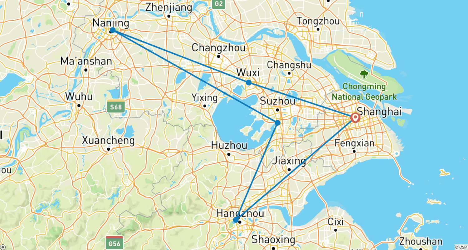 Mapa do percurso de 【China】Pacote de 7 Dias em Xangai, Wuxi, Nanquim, Suzhou, Hangzhou