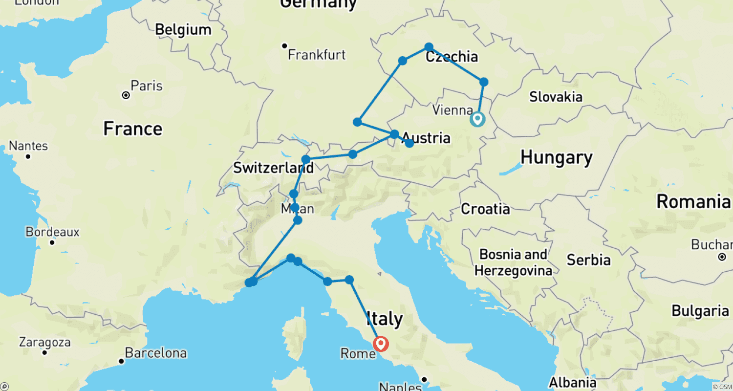Mapa trasy: Highlights of Europe from Vienna to Rome; Semi – Private Tour with Dedicated Tour Leader & Car