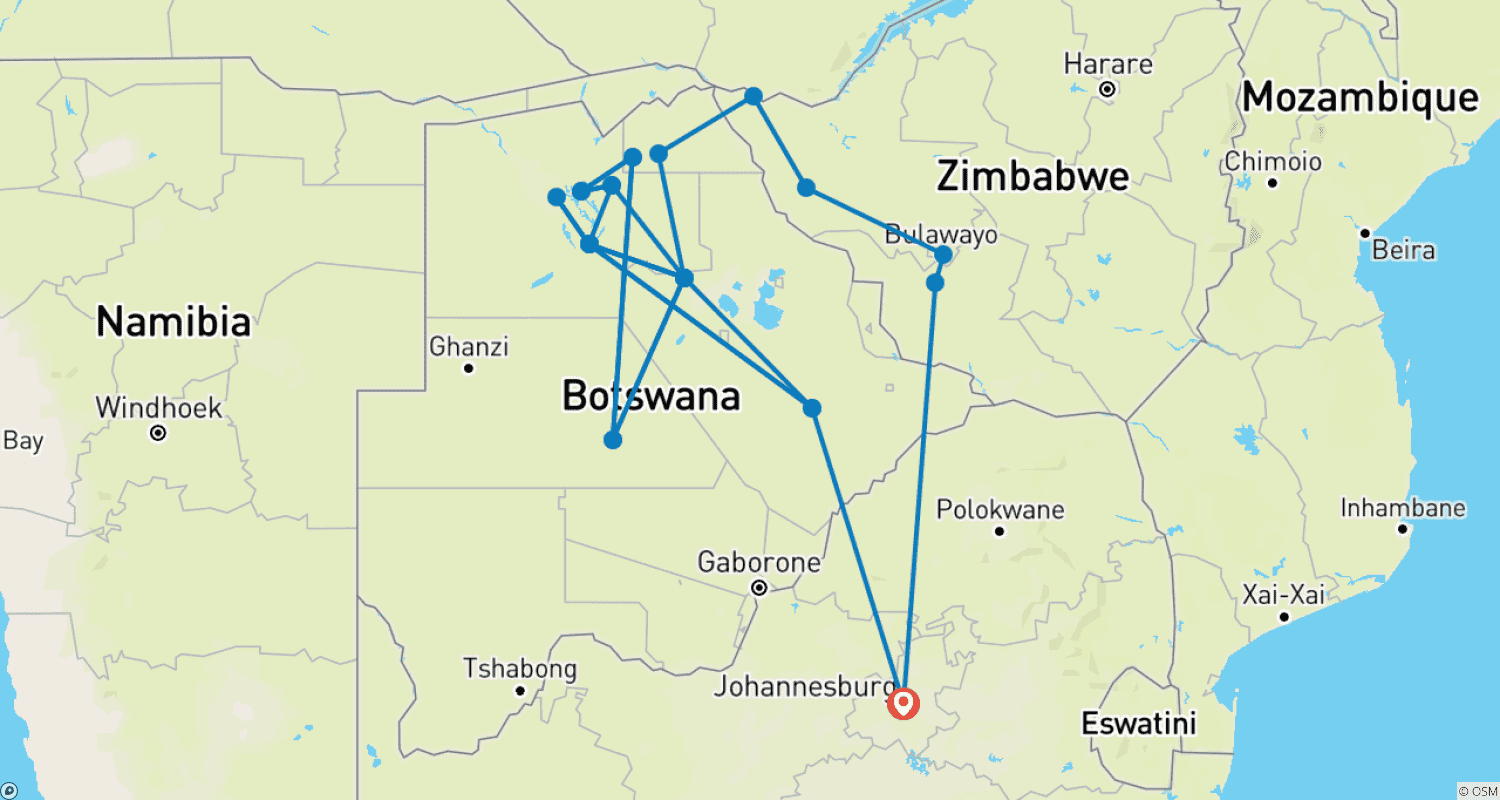 16 Day Botswana Pioneer (Camping)のルートマップ