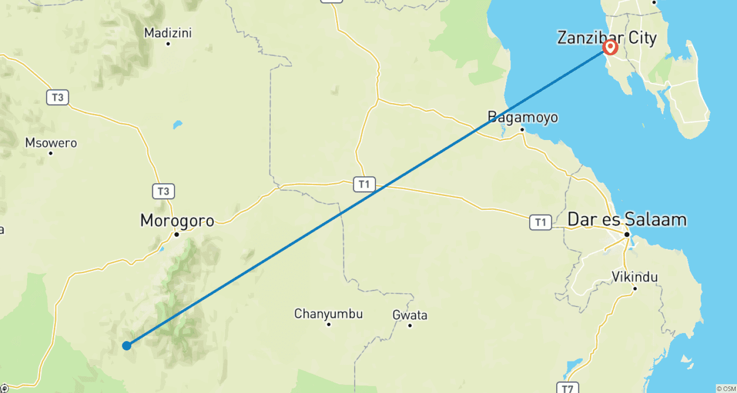 Mapa do percurso de The High-end 3-Day Fly-In Safari to Mikumi National Park from Zanzibar