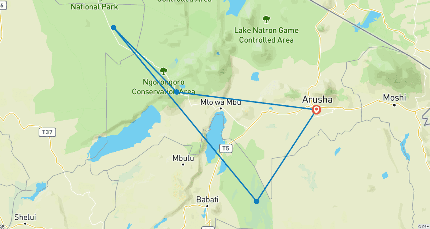 خريطة مسار An Expect Guide To The Perfect 4 Days Tanzania Group Safari from Nairobi