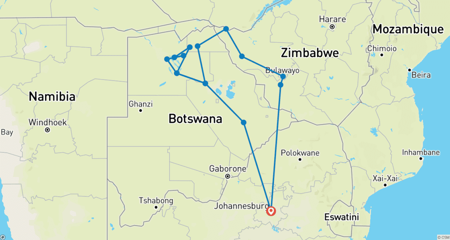 Mapa trasy: 16-dniowa wyprawa po Botswanie (z zakwaterowaniem)