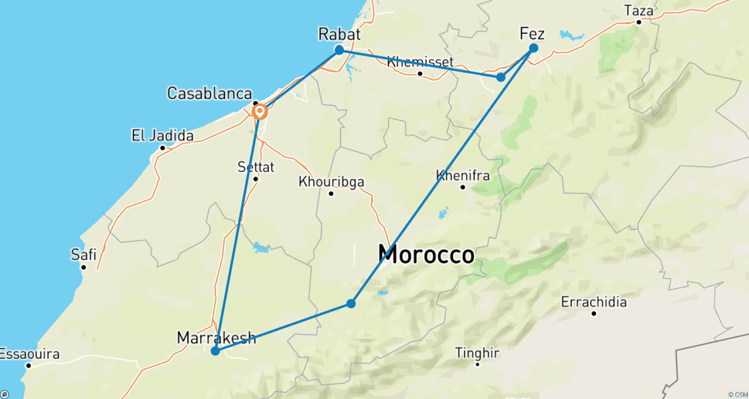 خريطة مسار جولة المدن الإمبراطورية في المغرب لمدة 7 أيام من الدار البيضاء