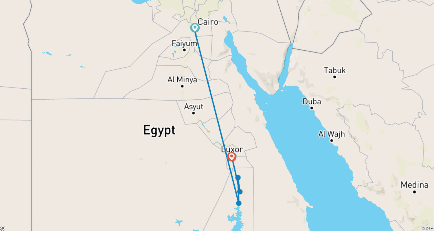 Mapa do percurso de Pacote Turístico Egito 7 Dias Cairo-Luxor-Assuão e Cruzeiro no Nilo