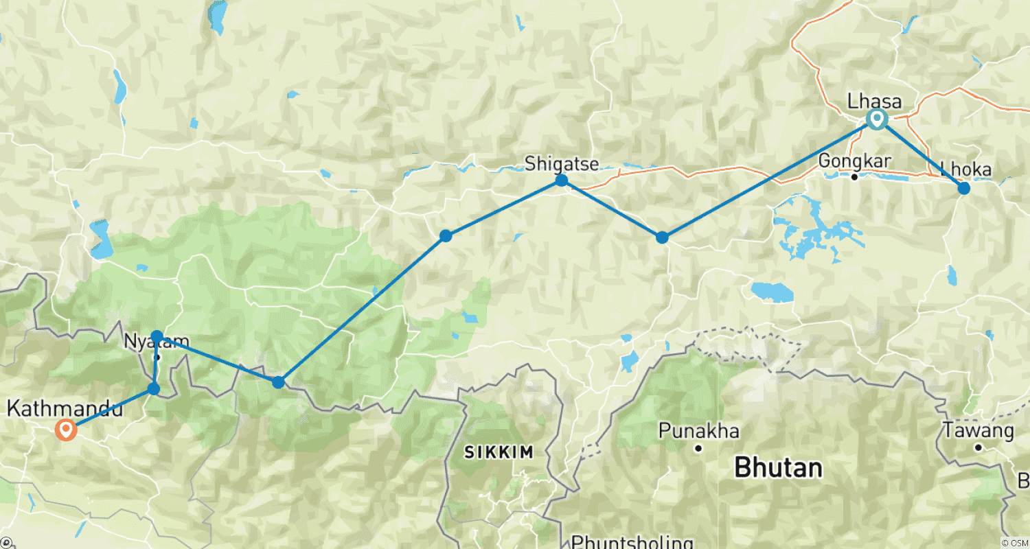 Lhasa to Kathmandu Tour via EBCのルートマップ