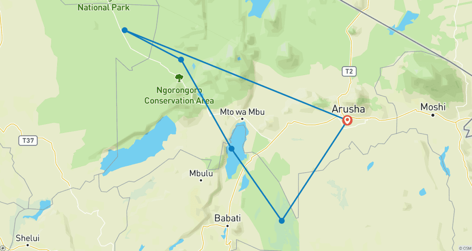 Mapa do percurso de 7 Dias - Aventura de Grandes Felinos nos Melhores Parques Nacionais da África