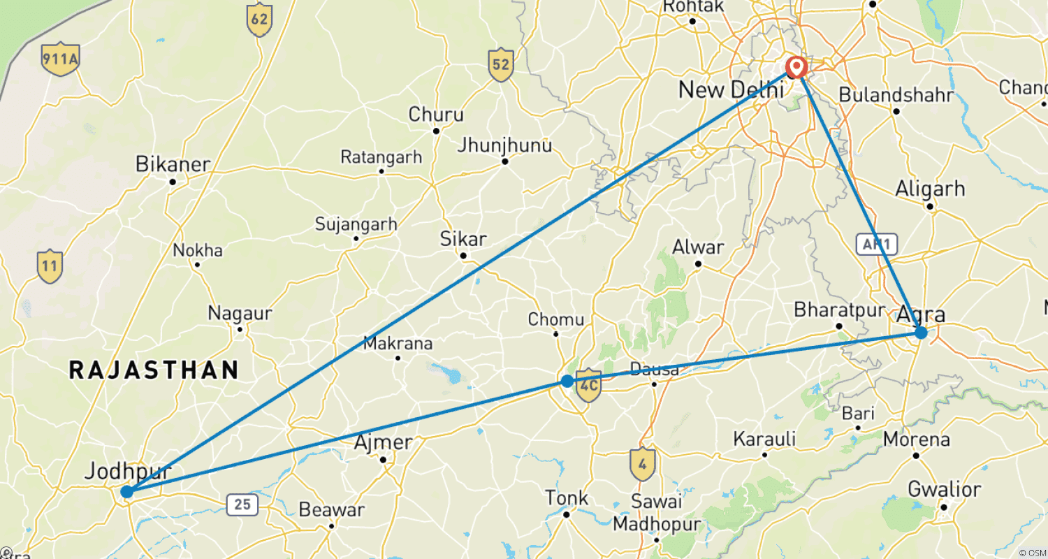 خريطة مسار 5-Day Golden Triangle & Blue City Jodhpur Tour with Taj Mahal