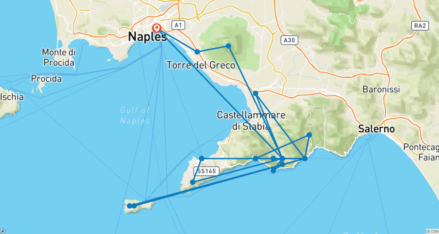 Mapa do percurso de Itália - Sorrento e Costa Amalfitana