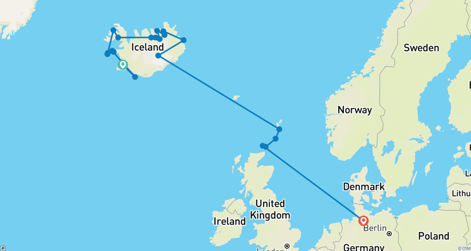 Mapa trasy: Islandia i Dalej - z Reykjavíku do Hamburga przez Szkockie Wyspy Północne