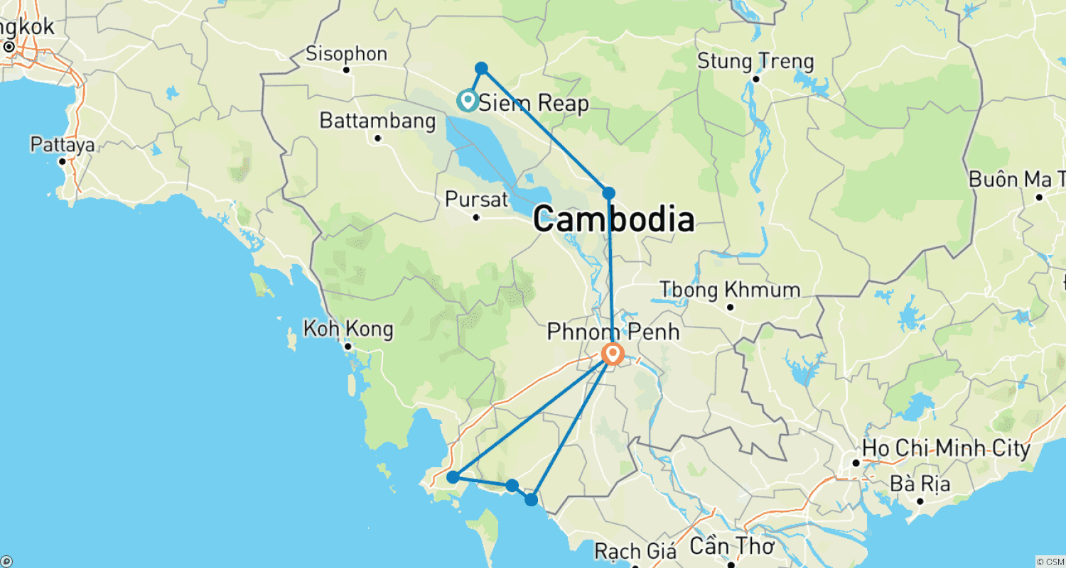 Spectacular Cambodia Cycling Holiday 12 daysのルートマップ