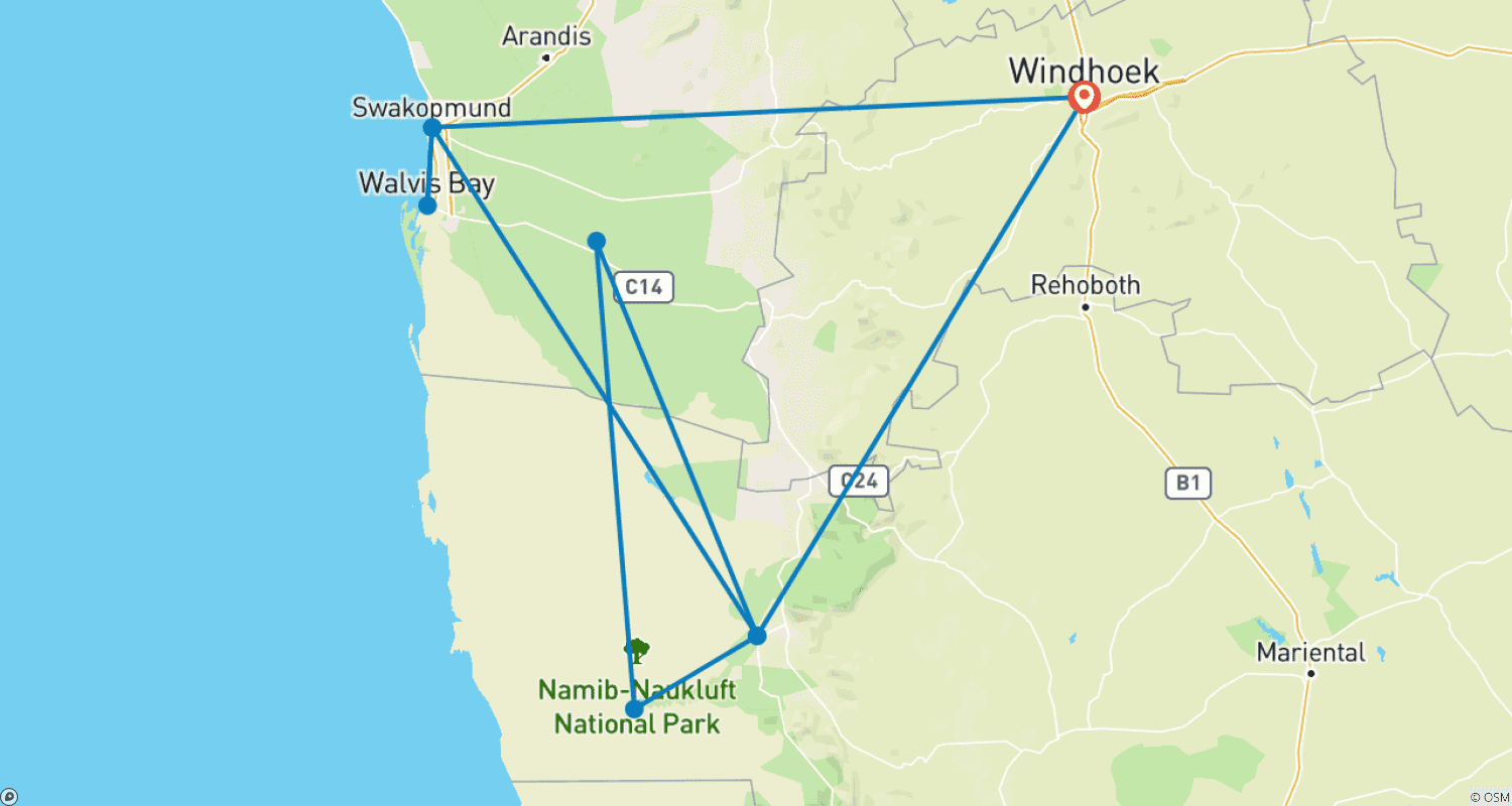 Mapa do percurso de Experiência de 6 Dias na Costa dos Esqueletos e Sossusvlei