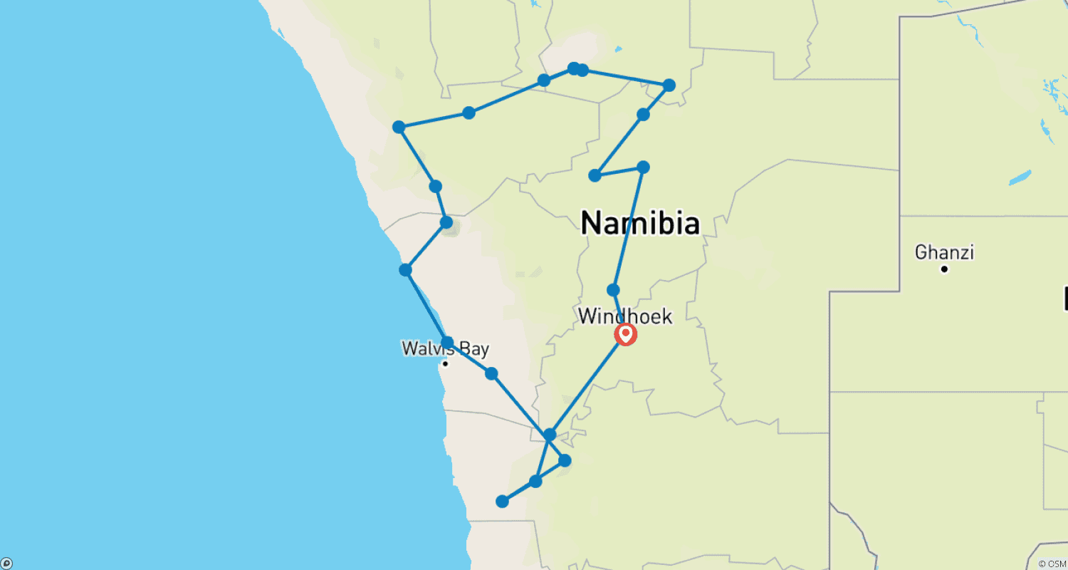 Mapa do percurso de Namibia - Abenteuerreise durch den Südwesten Afrikas