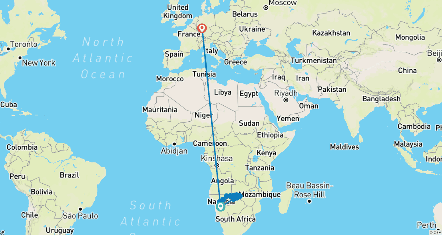 Namibia/Botswana/Simbabwe - Abenteuerreise: Buschmannland, Caprivi & Victoriafälleのルートマップ