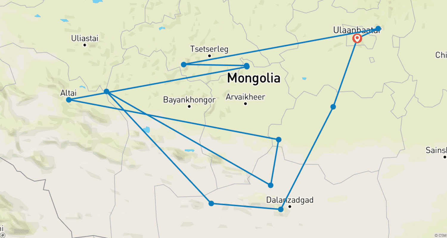 Mapa do percurso de Viagem pela Mongólia: Na imensidão reside a força