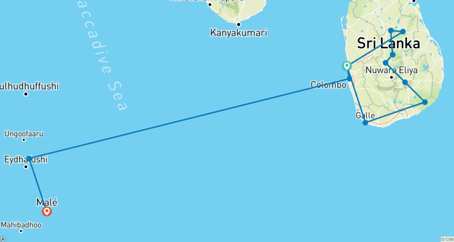 Sri Lanka und Malediven - Selten so das Paradies erlebtのルートマップ